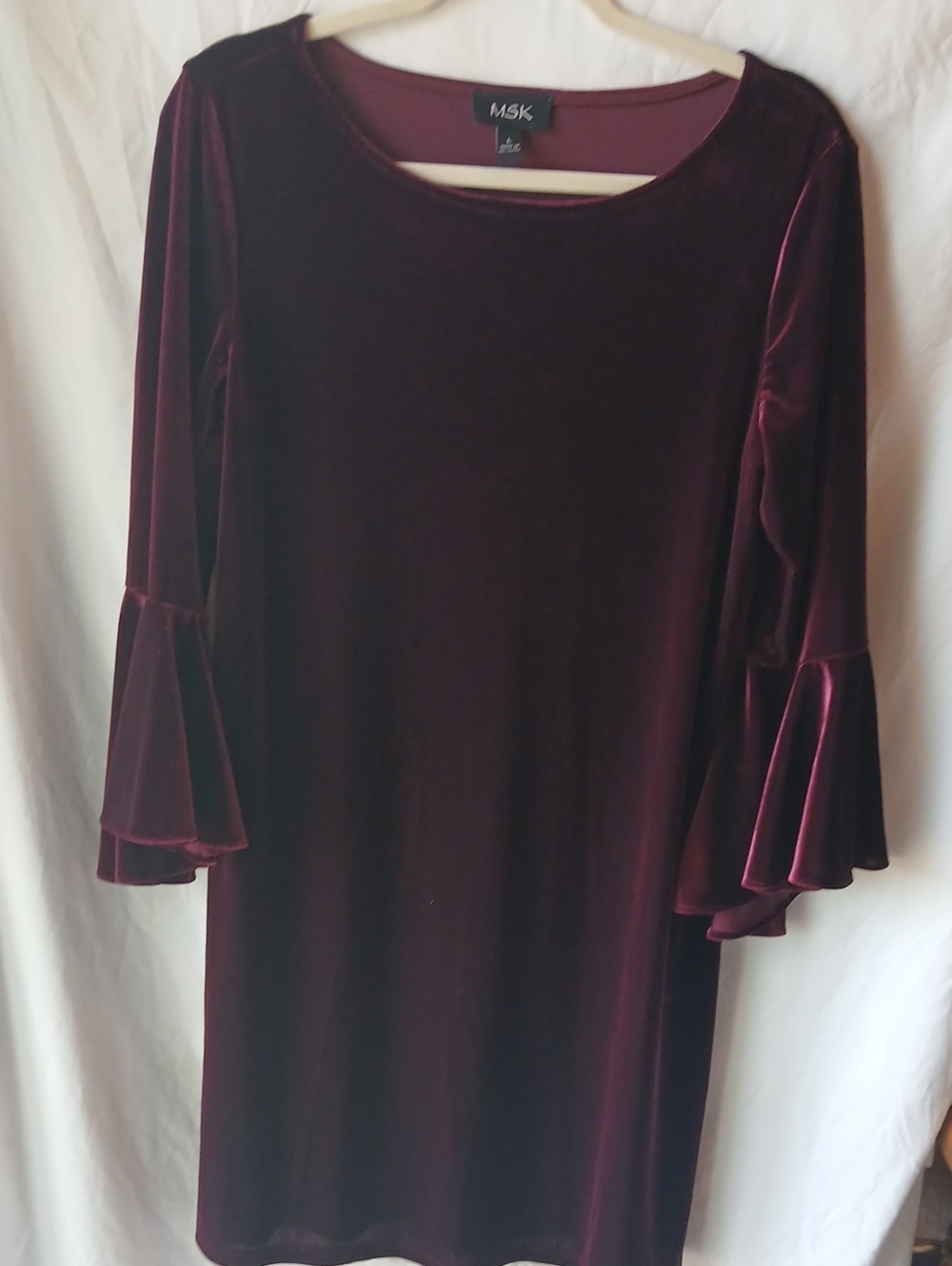MSK Velvet Bell-Sleeve Shift Dress in Burgundy
